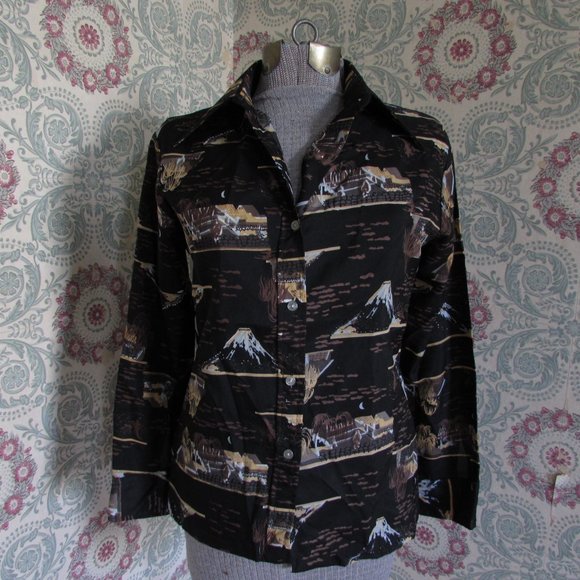 VINTAGE 1970s Black Polyester Volcano Button Down Shirt - Picture 1 of 7
